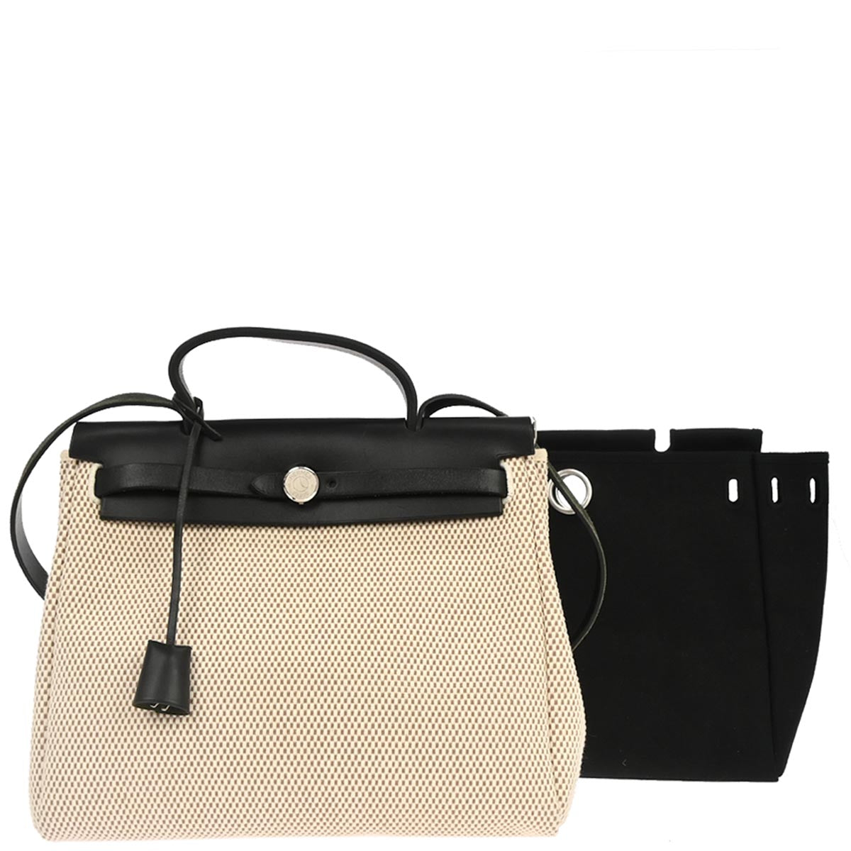 Hermes Black Beige Toile Officier GM Herbag PM 2 in 1 Shoulder Handbag