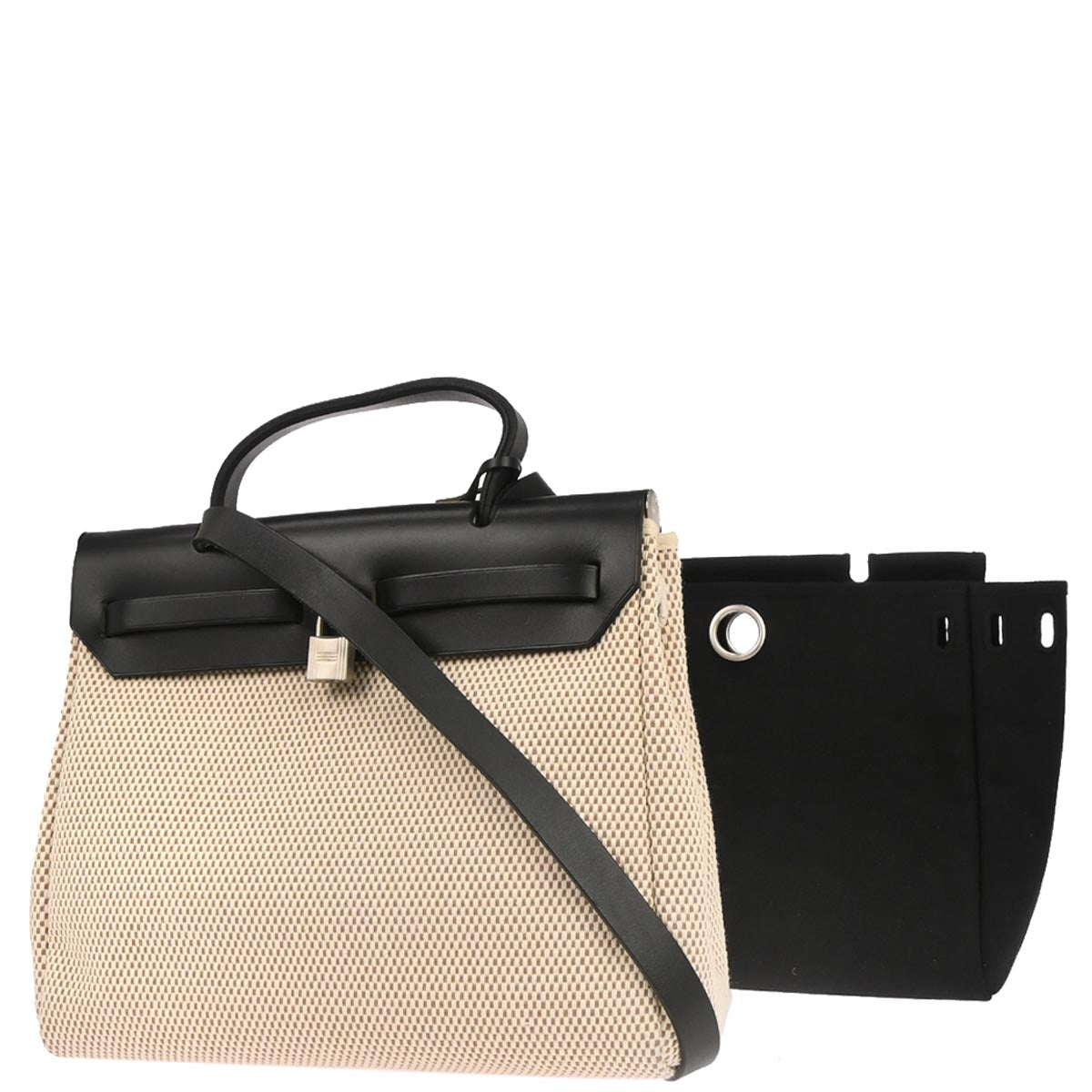 Hermes Black Beige Toile Officier GM Herbag PM 2 in 1 Shoulder Handbag