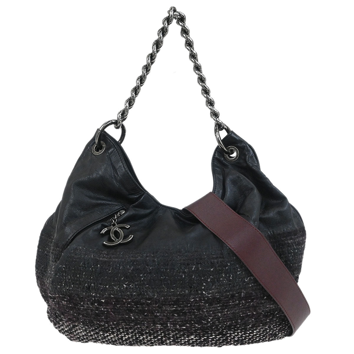 Chanel 2012-2013 Black Tweed Calfskin Coco Pleats Hobo Bag
