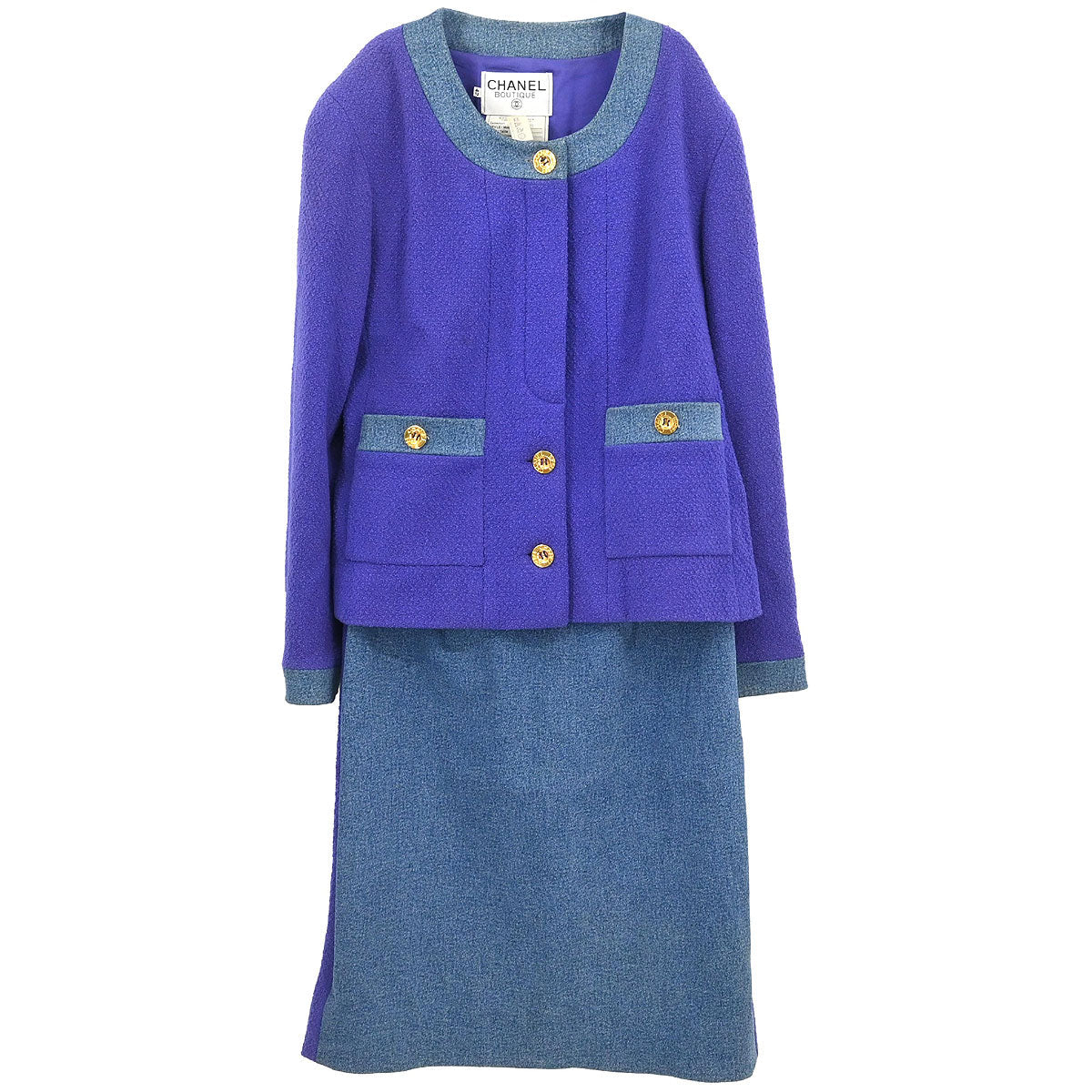 Chanel 1991 Setup Suit Denim Jacket Skirt Purple Blue #42