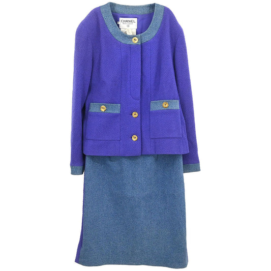 Chanel 1991 Setup Suit Denim Jacket Skirt Purple Blue #42
