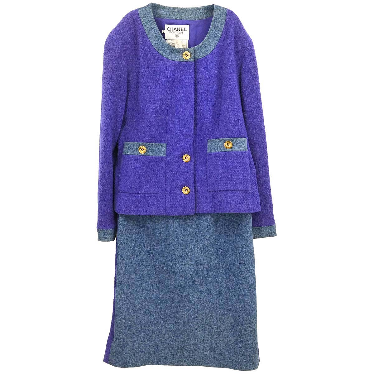 Chanel 1991 Setup Suit Denim Jacket Skirt Purple Blue #42