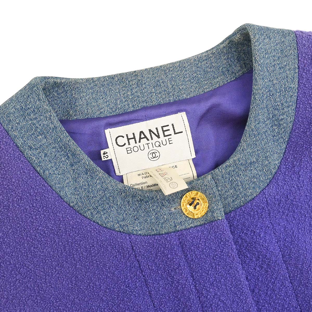 Chanel 1991 Setup Suit Denim Jacket Skirt Purple Blue #42