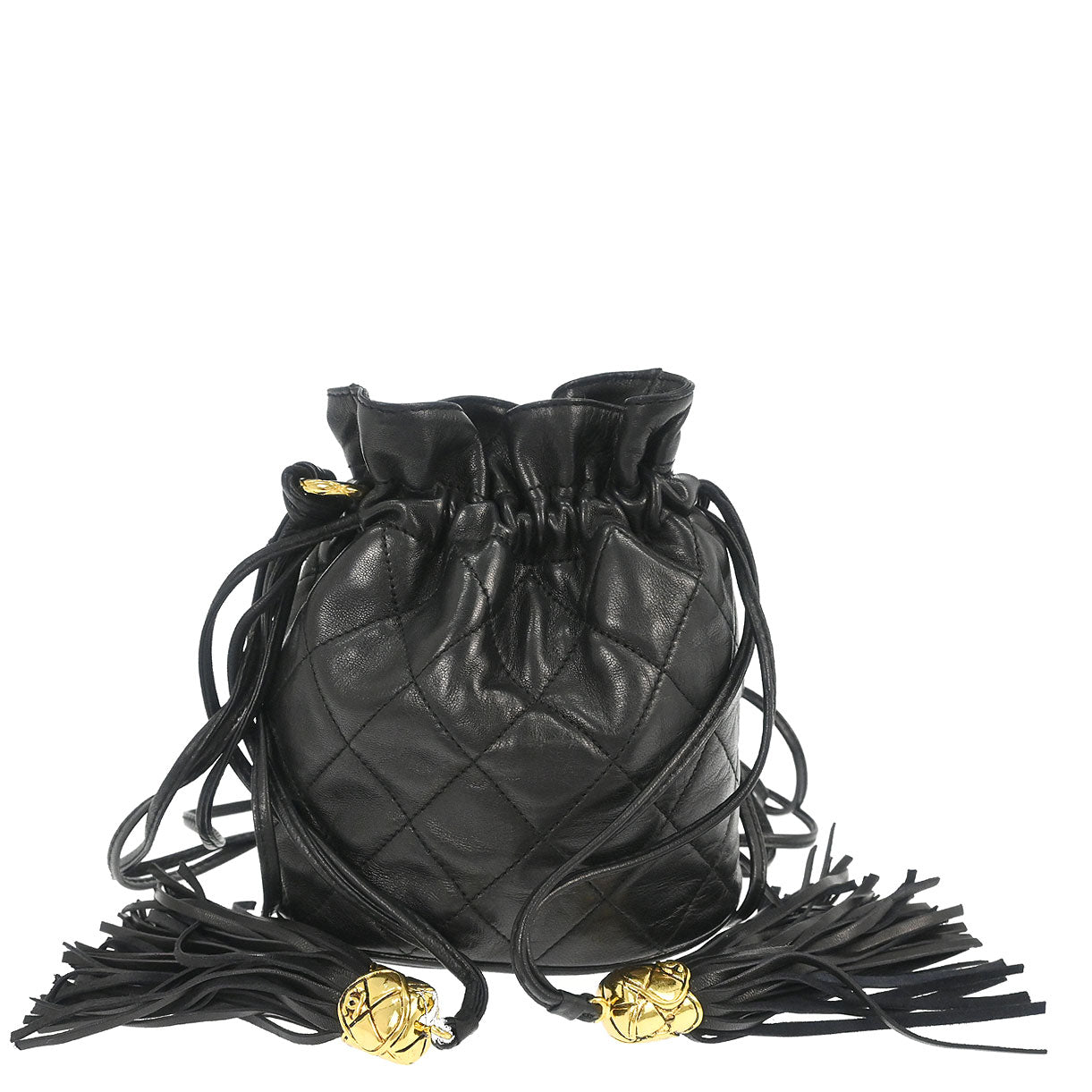 Chanel 1989-1991 Black Lambskin Bucket Tassel Drawstring Shoulder Bag