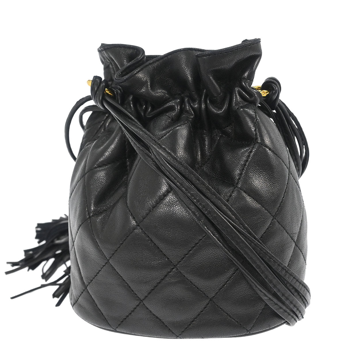 Chanel 1989-1991 Black Lambskin Bucket Tassel Drawstring Shoulder Bag