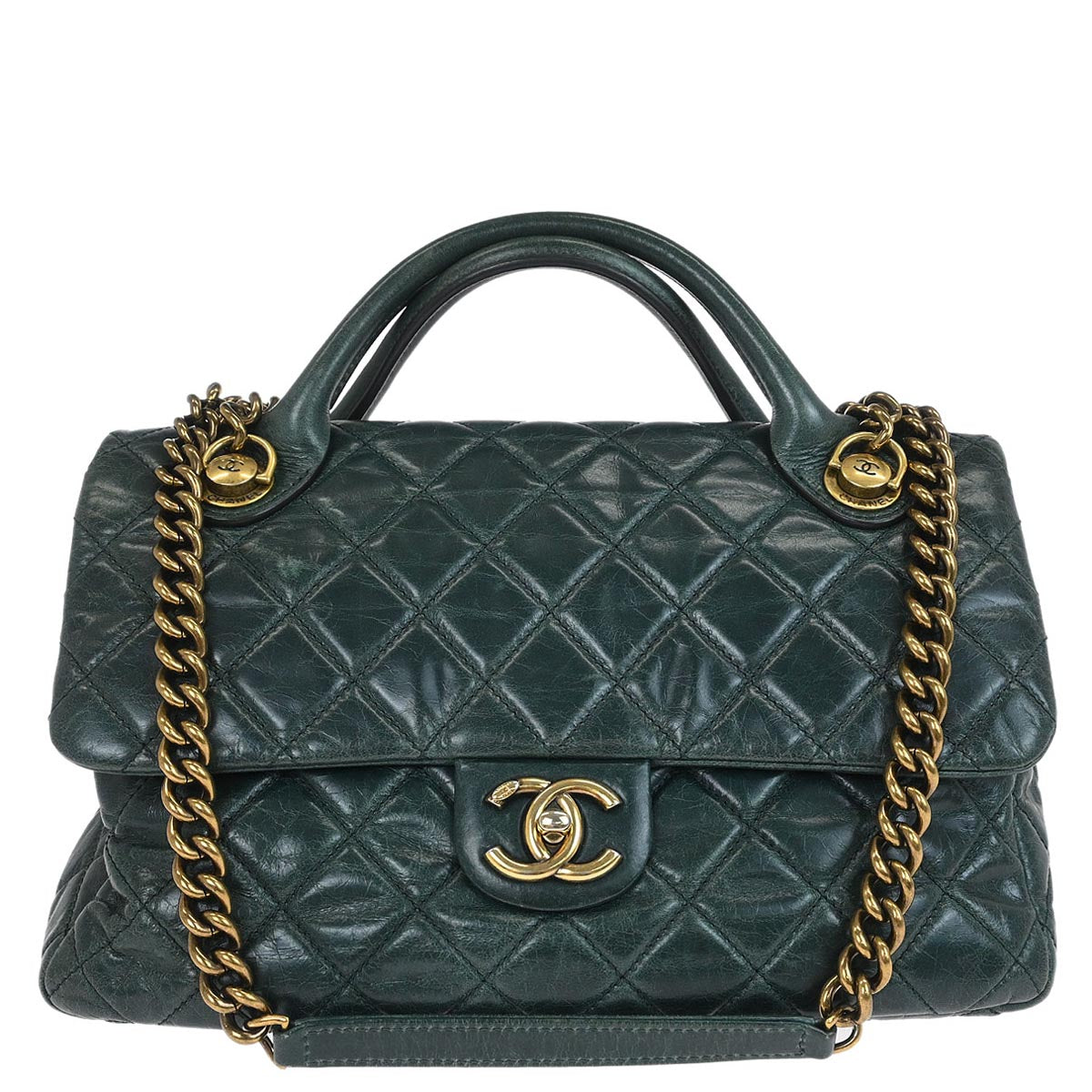 Chanel 2014 Green Calfskin Castle Rock Top Handle 2way Shoulder Handbag