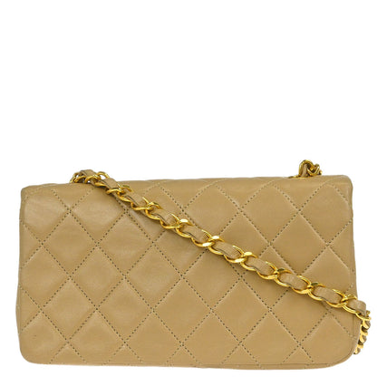 Chanel 1989-1991 Beige Lambskin Turnlock Mini Full Flap Shoulder Bag