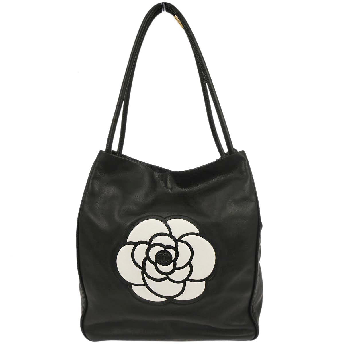 Chanel Black Lambskin Camellia Tote Handbag