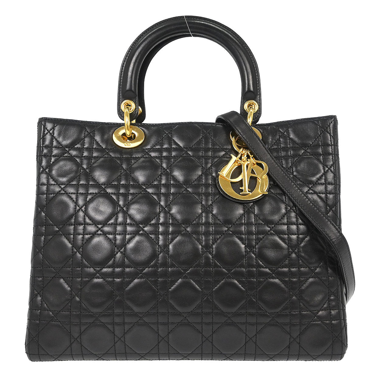 Christian Dior Black Lambskin Large Lady Dior Cannage 2way Shoulder Handbag