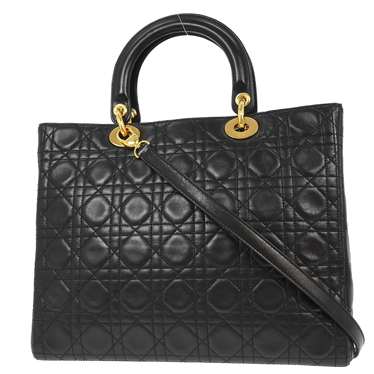 Christian Dior Black Lambskin Large Lady Dior Cannage 2way Shoulder Handbag