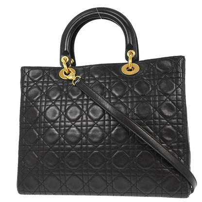 Christian Dior Black Lambskin Large Lady Dior Cannage 2way Shoulder Handbag