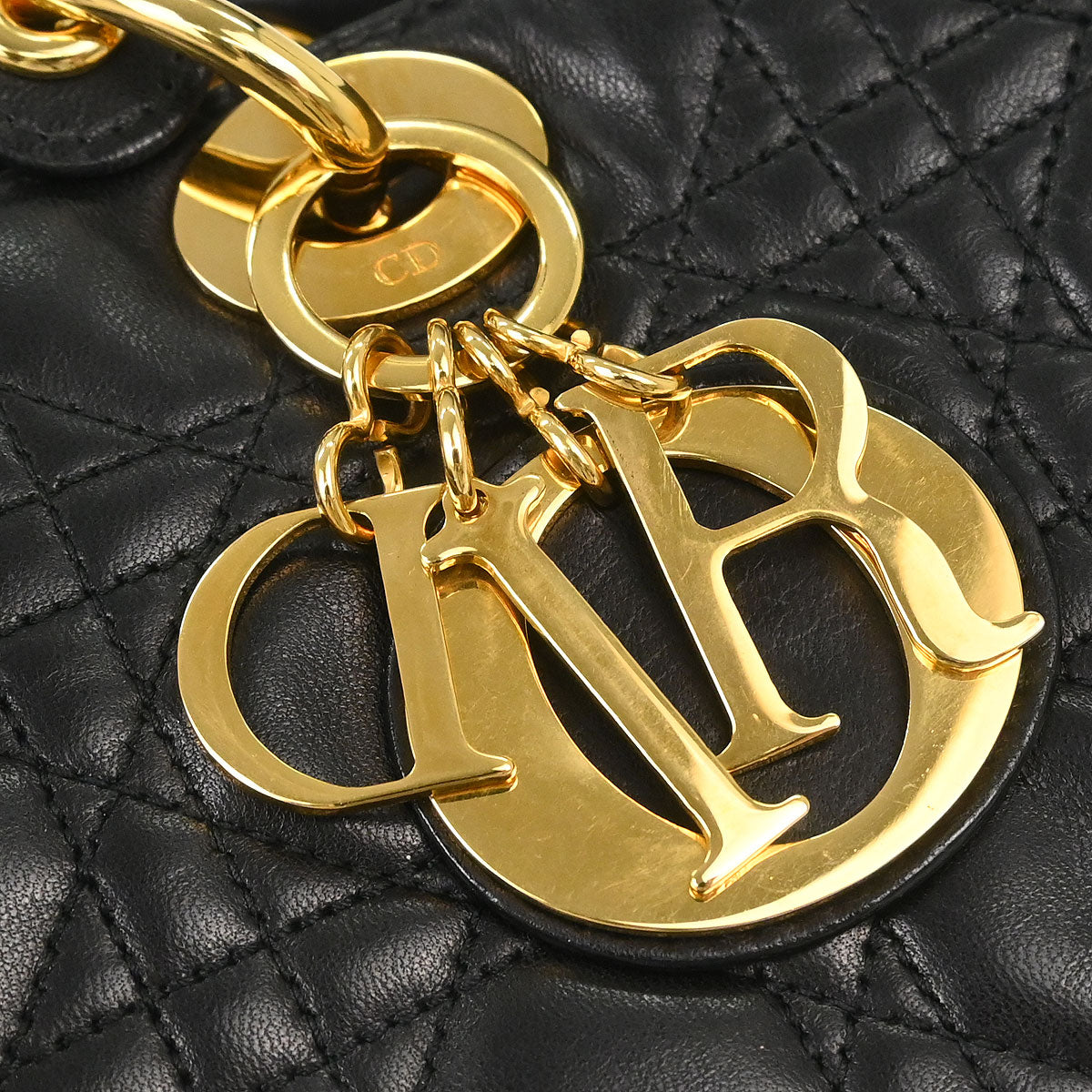 Christian Dior Black Lambskin Large Lady Dior Cannage 2way Shoulder Handbag