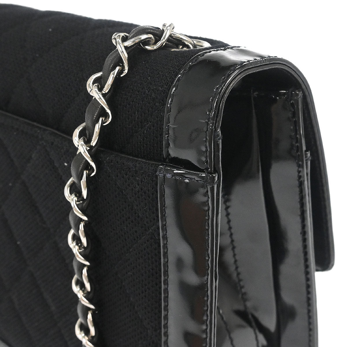 Chanel 2000-2002 Black Canvas Patent Leather Mademoiselle Lock Shoulder Bag
