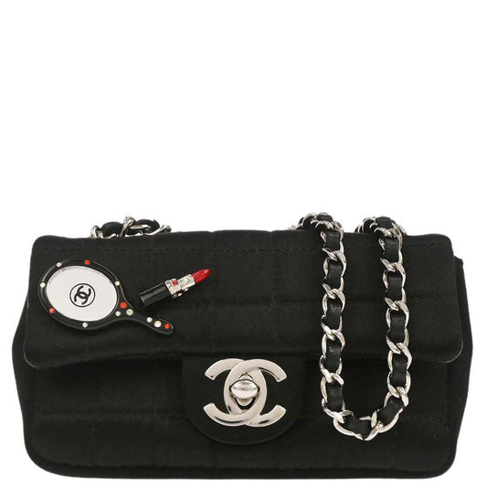 Chanel Black Satin Micro Classic Flap Shoulder Bag Pochette