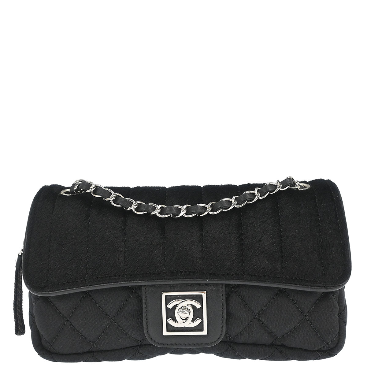 Chanel 2005-2006 Black Pony Hair Canvas Sport Line Flap Chain Shoulder Bag