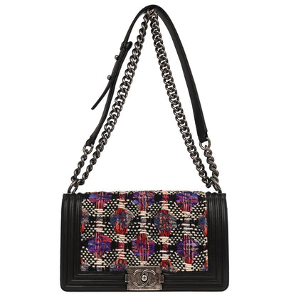 Boy Chanel 2017 Black Tweed Lambskin Medium Double Chain Shoulder Bag