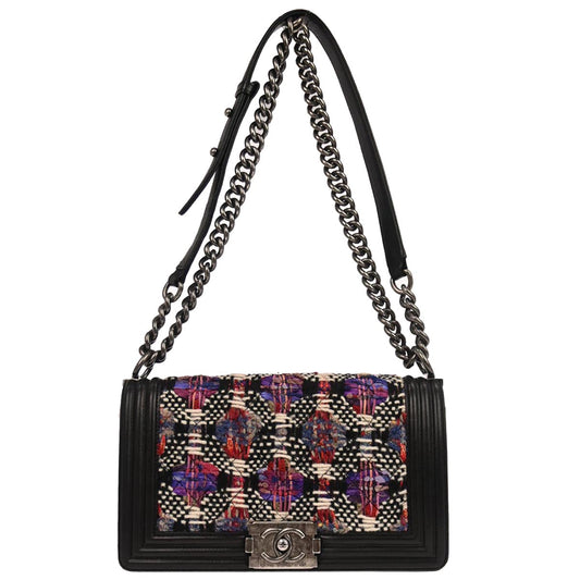 Boy Chanel 2017 Black Tweed Lambskin Medium Double Chain Shoulder Bag