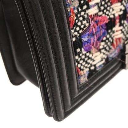 Boy Chanel 2017 Black Tweed Lambskin Medium Double Chain Shoulder Bag