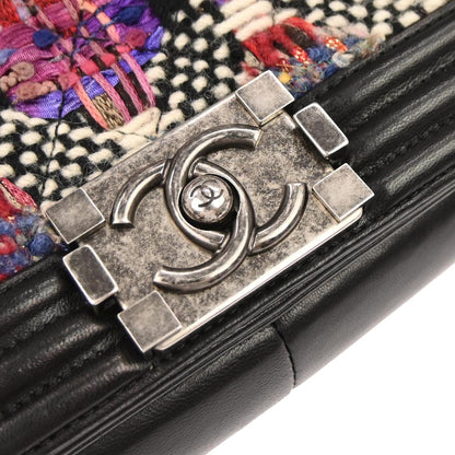 Boy Chanel 2017 Black Tweed Lambskin Medium Double Chain Shoulder Bag