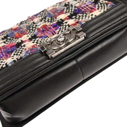 Boy Chanel 2017 Black Tweed Lambskin Medium Double Chain Shoulder Bag