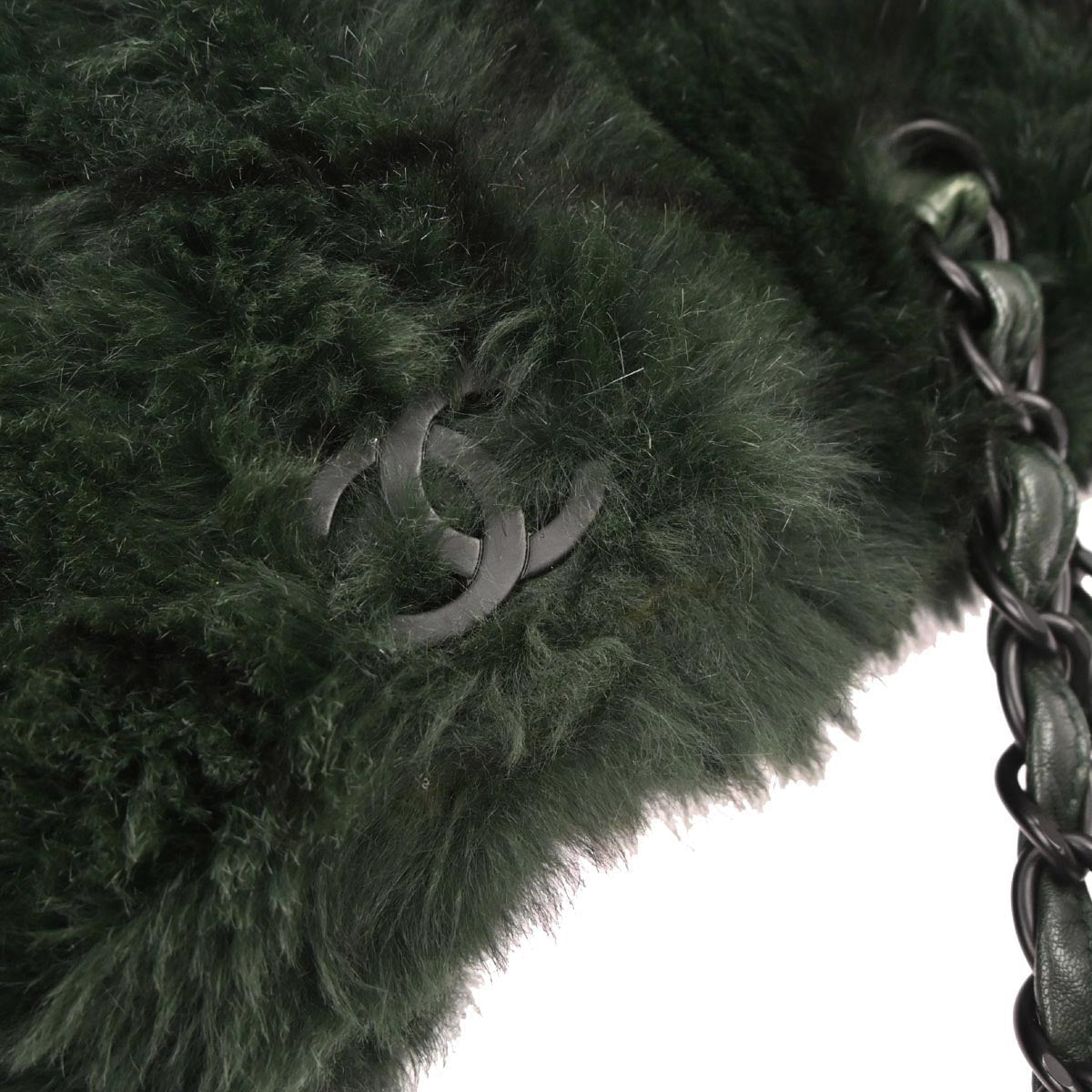 Chanel 2000-2002 Dark Green Lapin Fur Tote Shoulder Bag