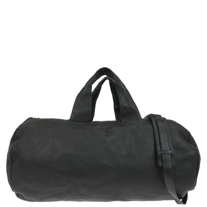 Prada Black Leather 2way Shoulder Duffle Handbag