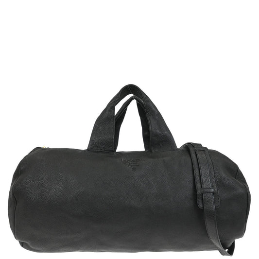 Prada Black Leather 2way Shoulder Duffle Handbag