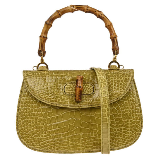 Gucci * Green Crocodile Bamboo 2way Shoulder Handbag
