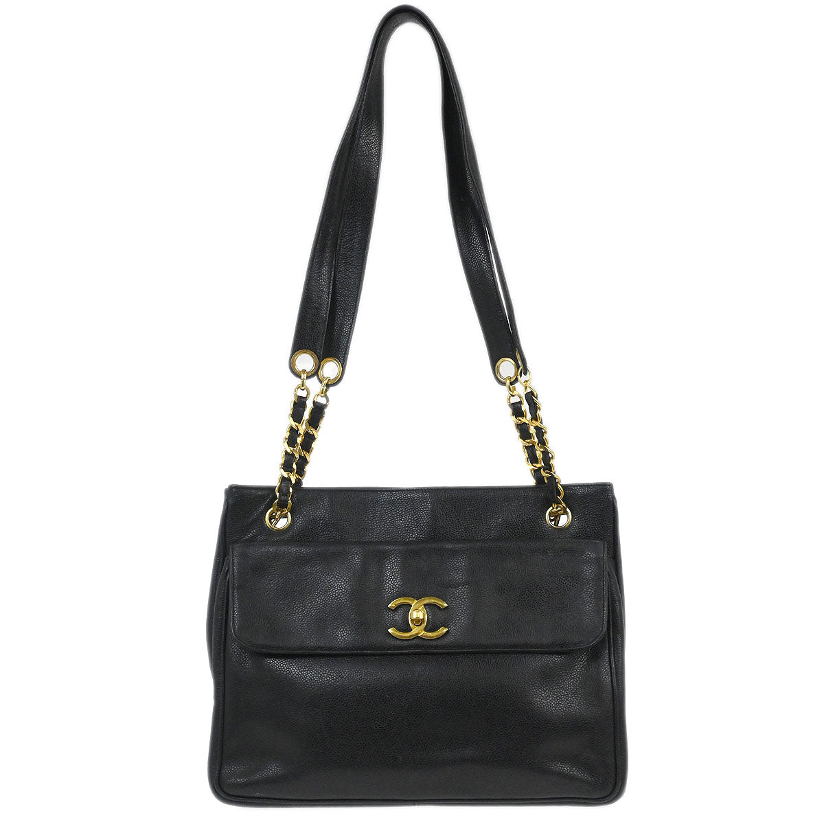 Chanel 1994-1996 Black Caviar Skin Chain Shoulder Tote Bag