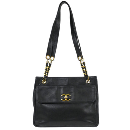 Chanel 1994-1996 Black Caviar Skin Chain Shoulder Tote Bag
