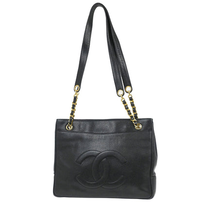 Chanel 1994-1996 Black Caviar Skin Chain Shoulder Tote Bag