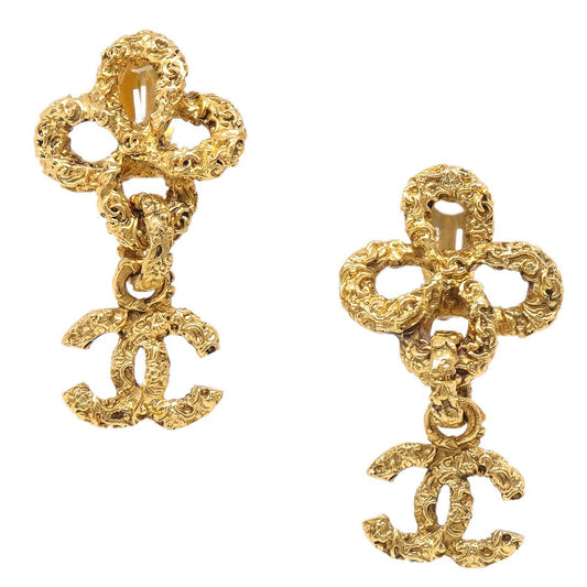 Chanel CC Dangle Earrings Clip-On Gold 93A