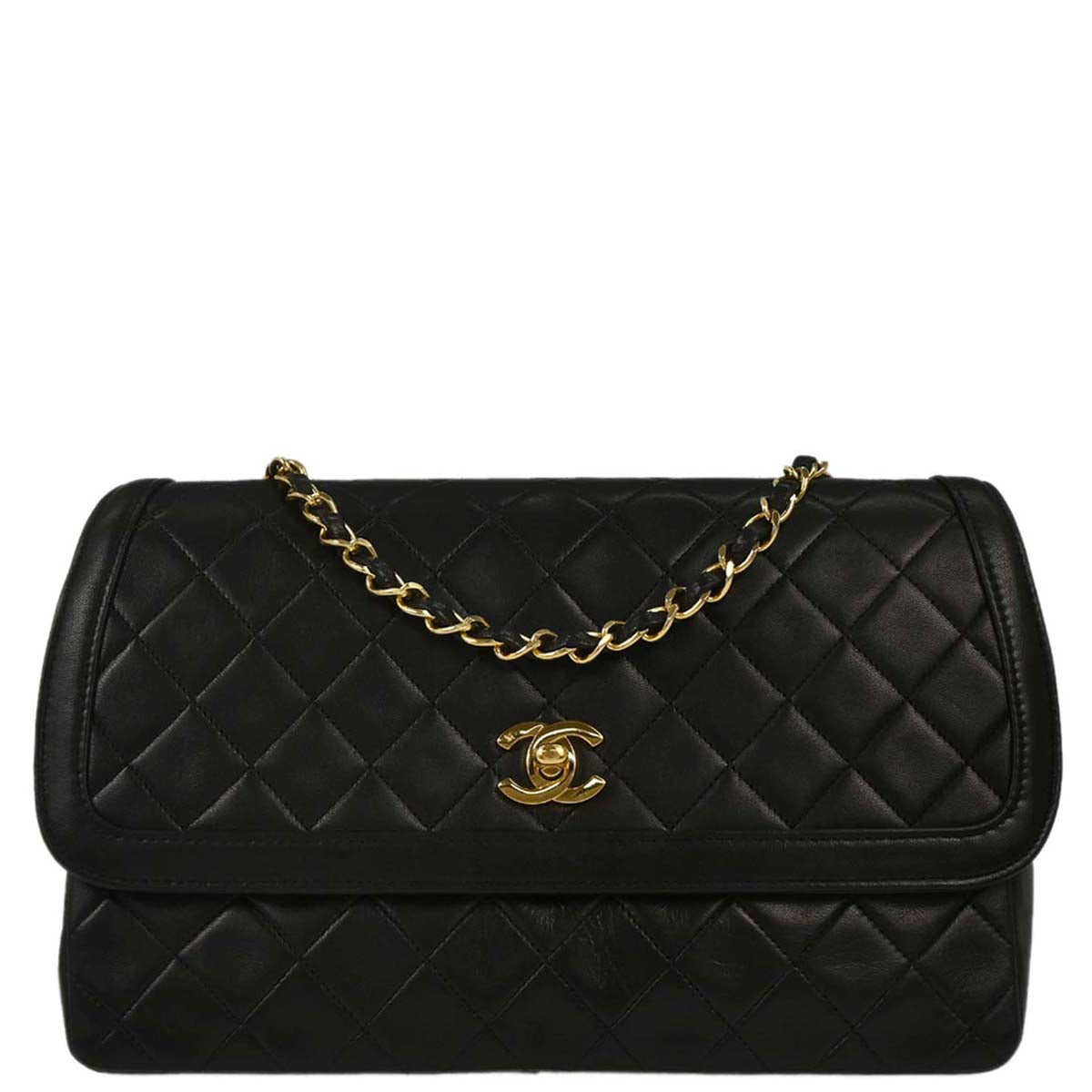 Chanel 1989-1991 Black Lambskin Straight Flap Shoulder Bag