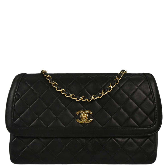 Chanel 1989-1991 Black Lambskin Straight Flap Shoulder Bag