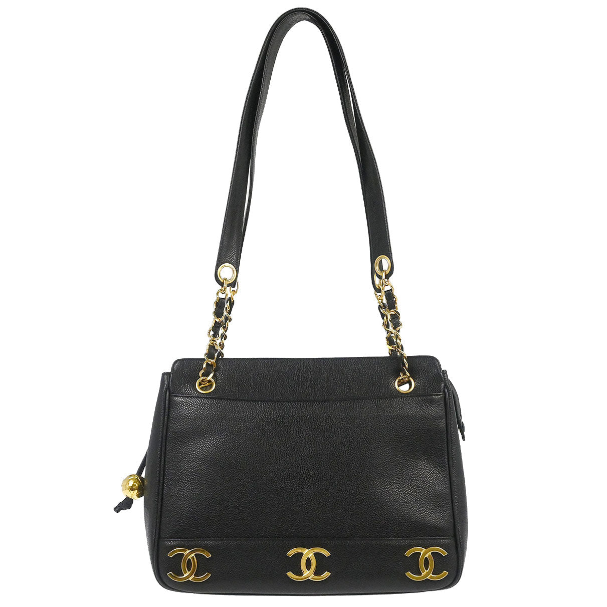 Chanel 1994-1996 Black Caviar Skin Triple CC Shoulder Tote Bag
