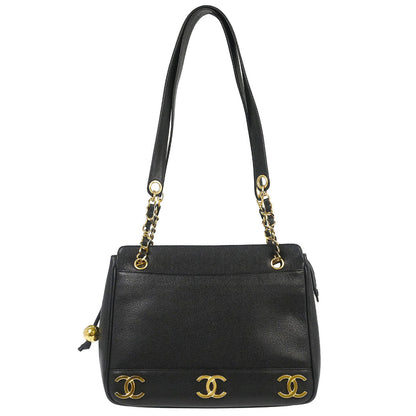 Chanel 1994-1996 Black Caviar Skin Triple CC Shoulder Tote Bag
