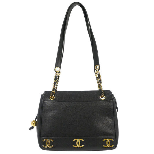 Chanel 1994-1996 Black Caviar Skin Triple CC Shoulder Tote Bag