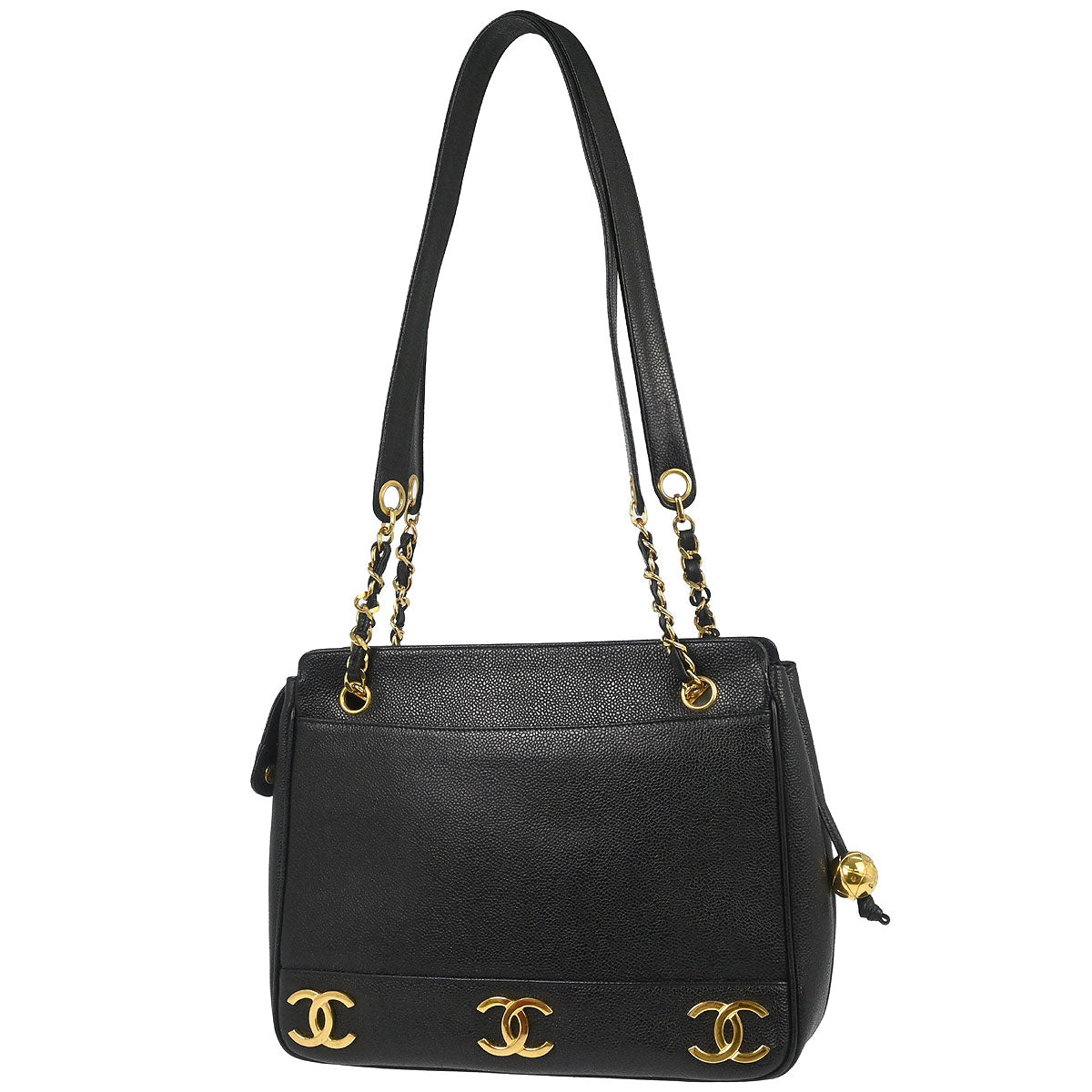 Chanel 1994-1996 Black Caviar Skin Triple CC Shoulder Tote Bag