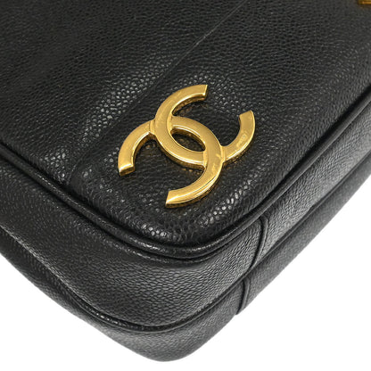 Chanel 1994-1996 Black Caviar Skin Triple CC Shoulder Tote Bag