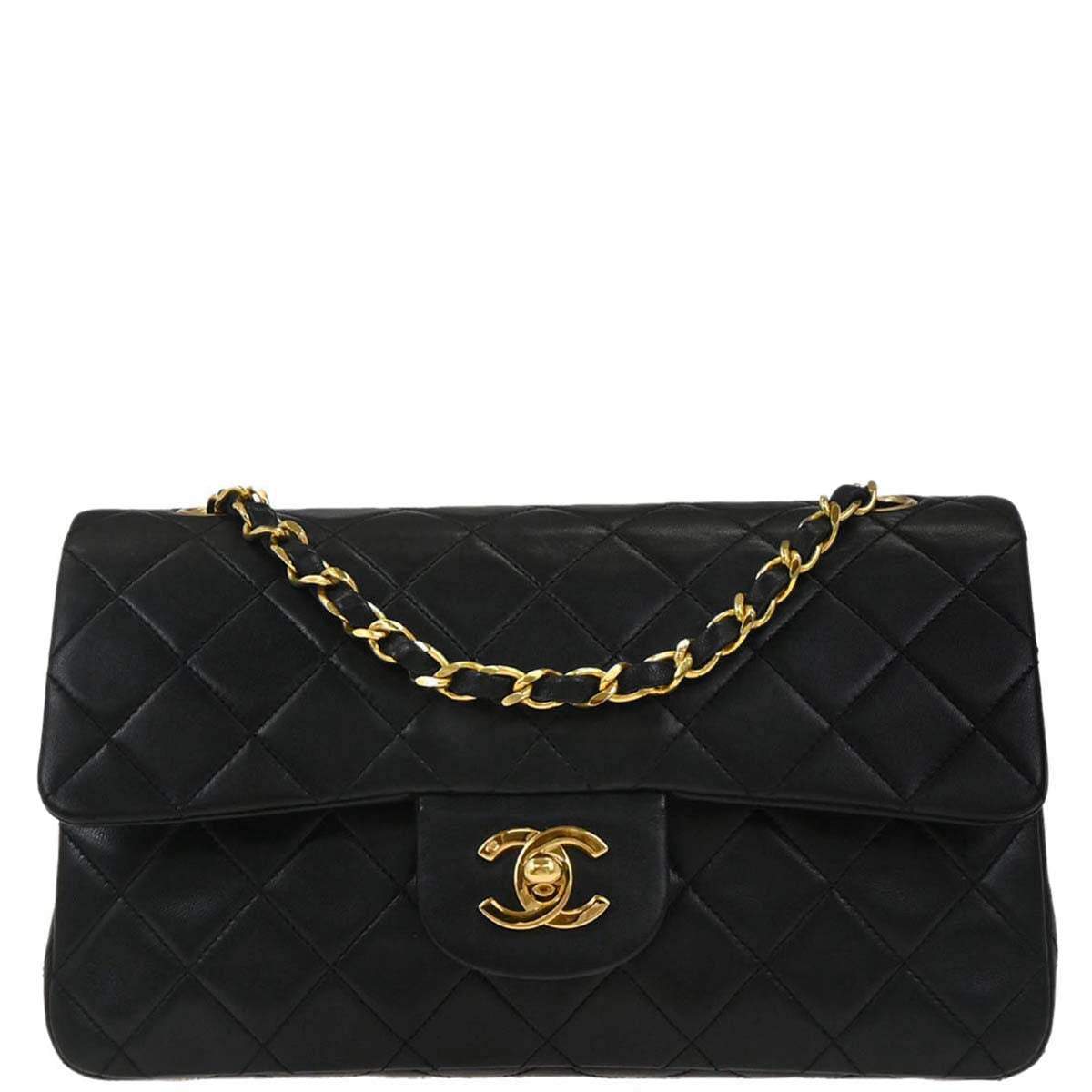 Chanel 1989-1991 Black Lambskin Small Classic Double Flap Shoulder Bag