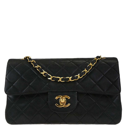 Chanel 1989-1991 Black Lambskin Small Classic Double Flap Shoulder Bag
