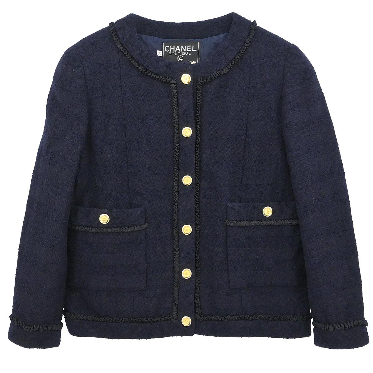 Chanel Single Breasted Collarless Jacket Navy #40