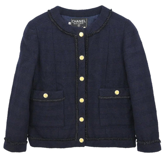 Chanel Single Breasted Collarless Jacket Navy #40
