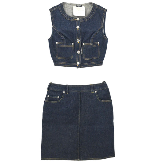 Chanel Setup Suit Jacket Skirt Denim Navy #36 #38