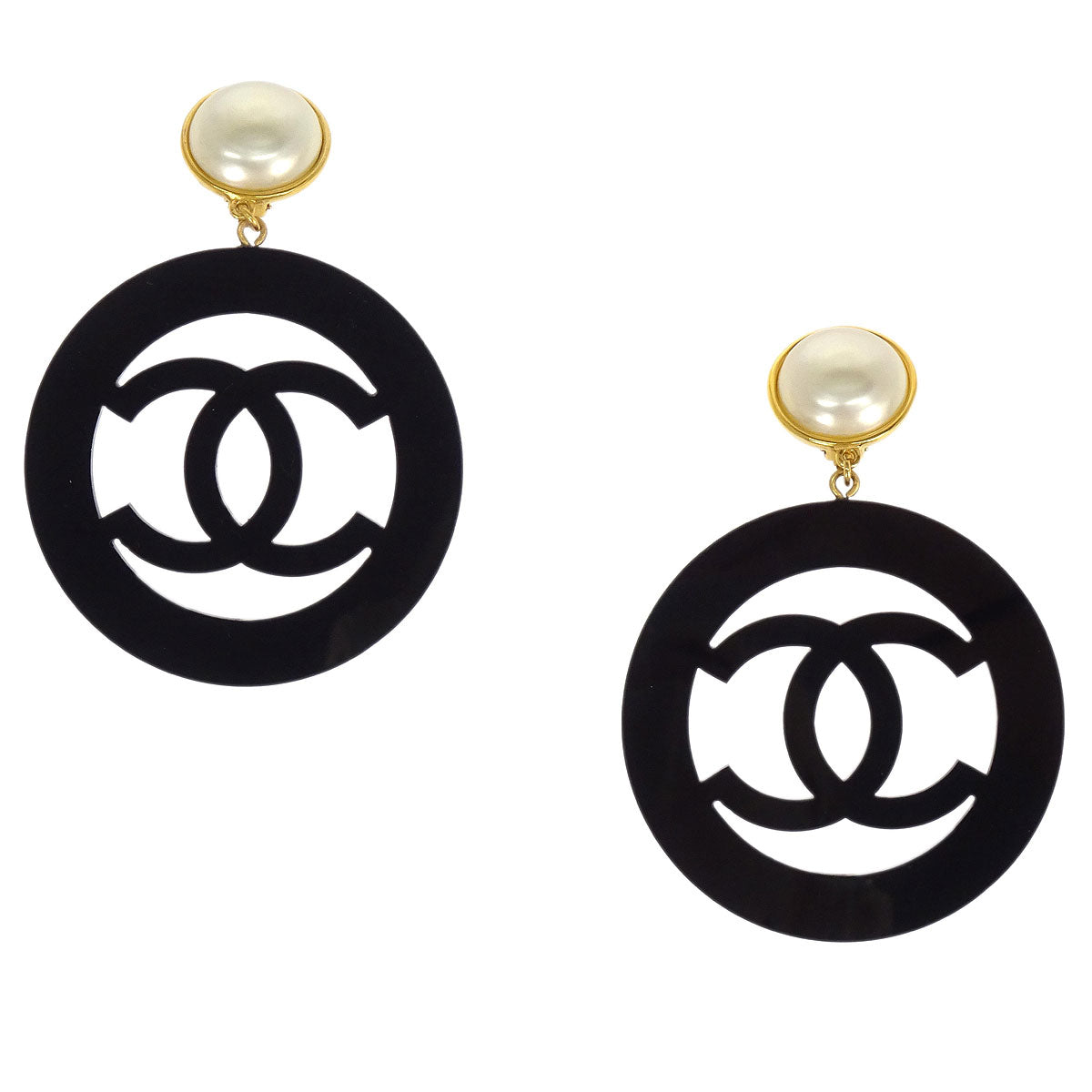 Chanel Hoop CC Dangle Clip-On Earrings Costume Pearl Gold 28