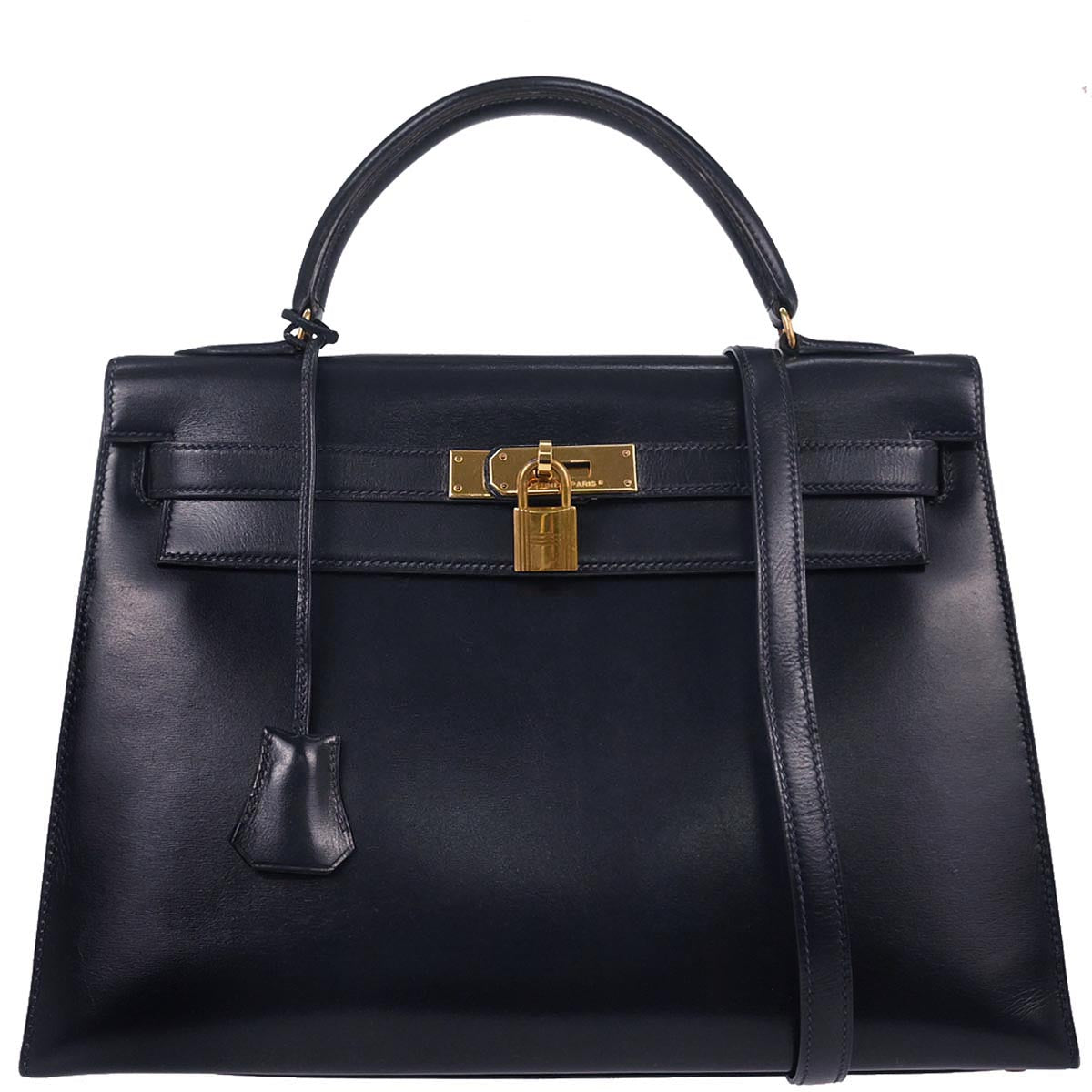 Hermes Navy Box Calf Kelly 32 Sellier 2way Shoulder Handbag