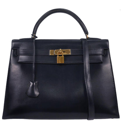 Hermes Navy Box Calf Kelly 32 Sellier 2way Shoulder Handbag