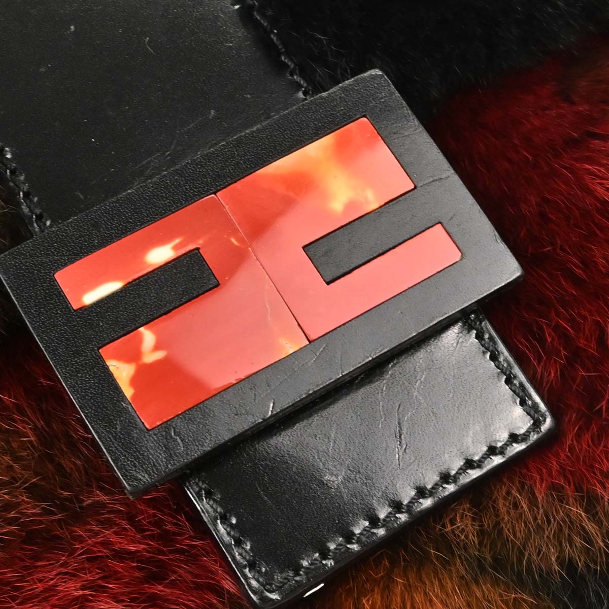 Fendi Black Fur Marbled Baguette Handbag