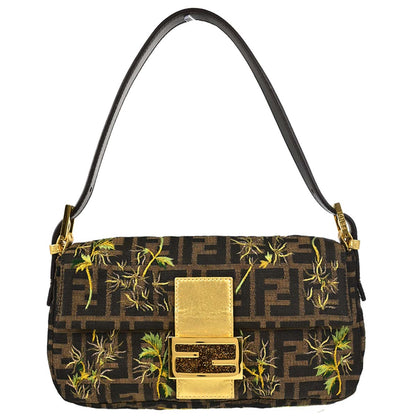 Fendi Brown Canvas Zucca Palm Tree Embroidery Baguette Handbag