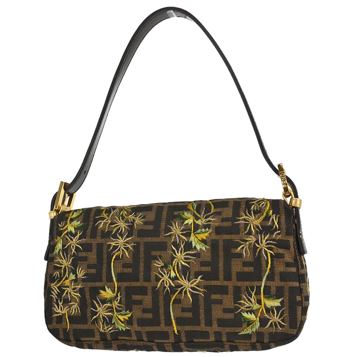 Fendi Brown Canvas Zucca Palm Tree Embroidery Baguette Handbag